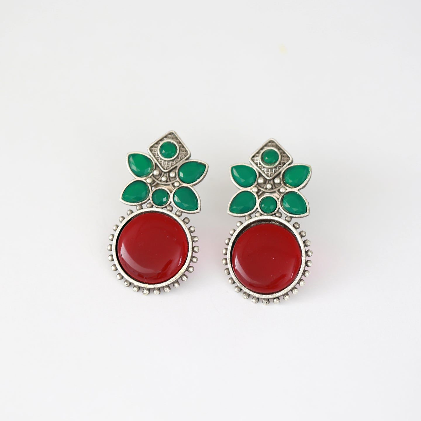 Trendy Oxidized Silver Earrings with Circular carved color stones| German Silver Antique look Indian Bollywood Fashion Earrings|Gift for her