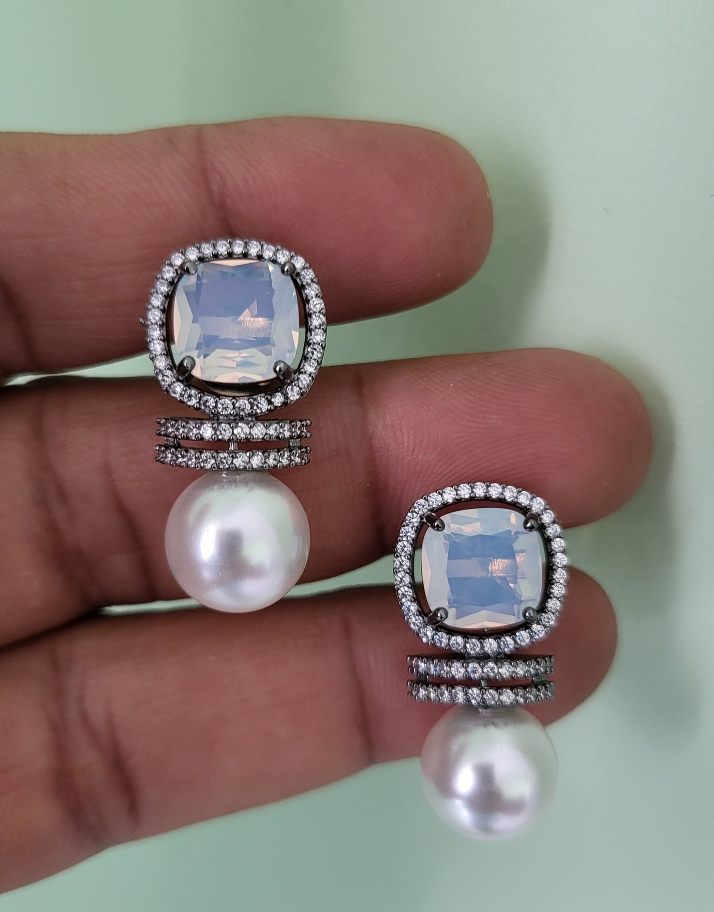 Real Pearl stud with white cz stone in Silver Oxidized tone