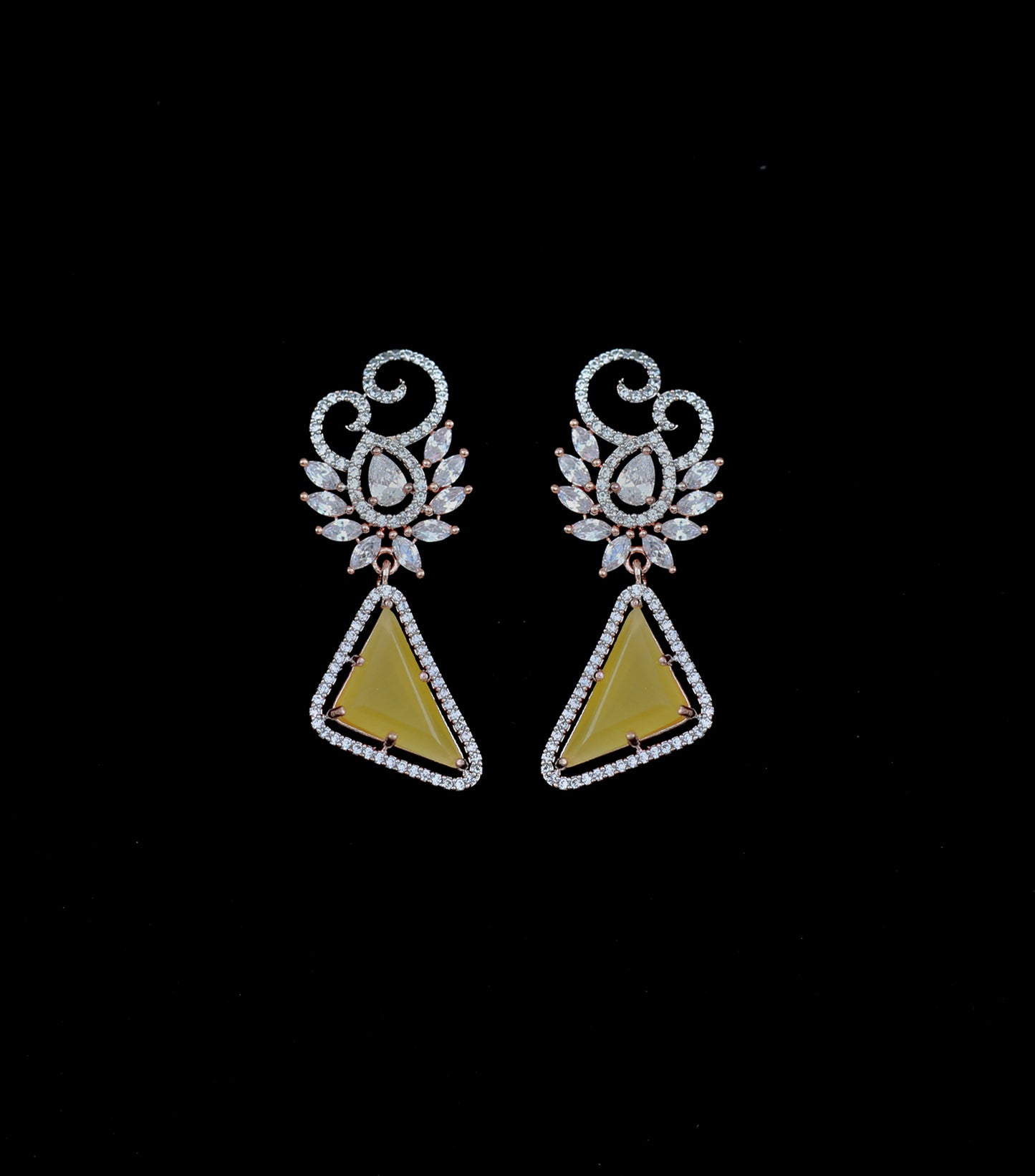 Rose gold triangle dangle earrings/Pink acrylic stone small drop earrings/yellow acrylic earrings/American Diamond Earrings