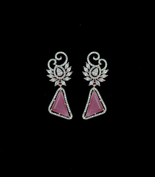 Rose gold triangle dangle earrings/Pink acrylic stone small drop earrings/yellow acrylic earrings/American Diamond Earrings