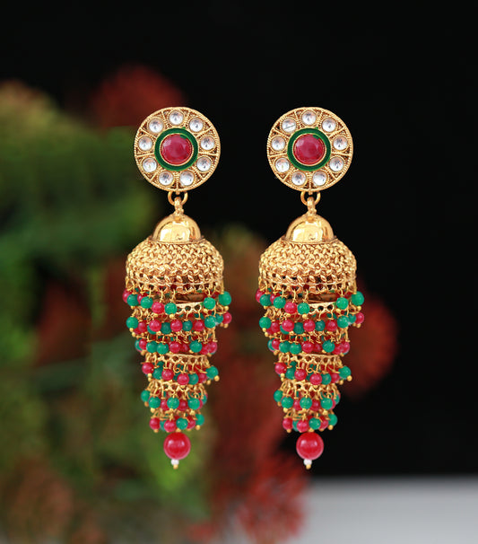 Gold Plated Jhumka jhumki Earrings with Red and Green bead drops, Kundan Polki Jhumka, Pakistani Jhumka, Punjabi Jhumka