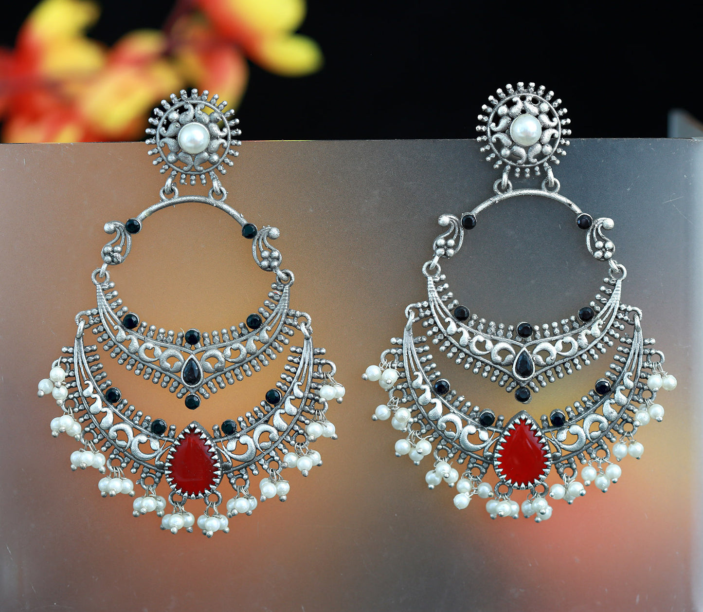 German Silver Chandbali Earrings | Light Weight Oxidized silver Chandbali Earrings | chandbali earrings with pearl drop