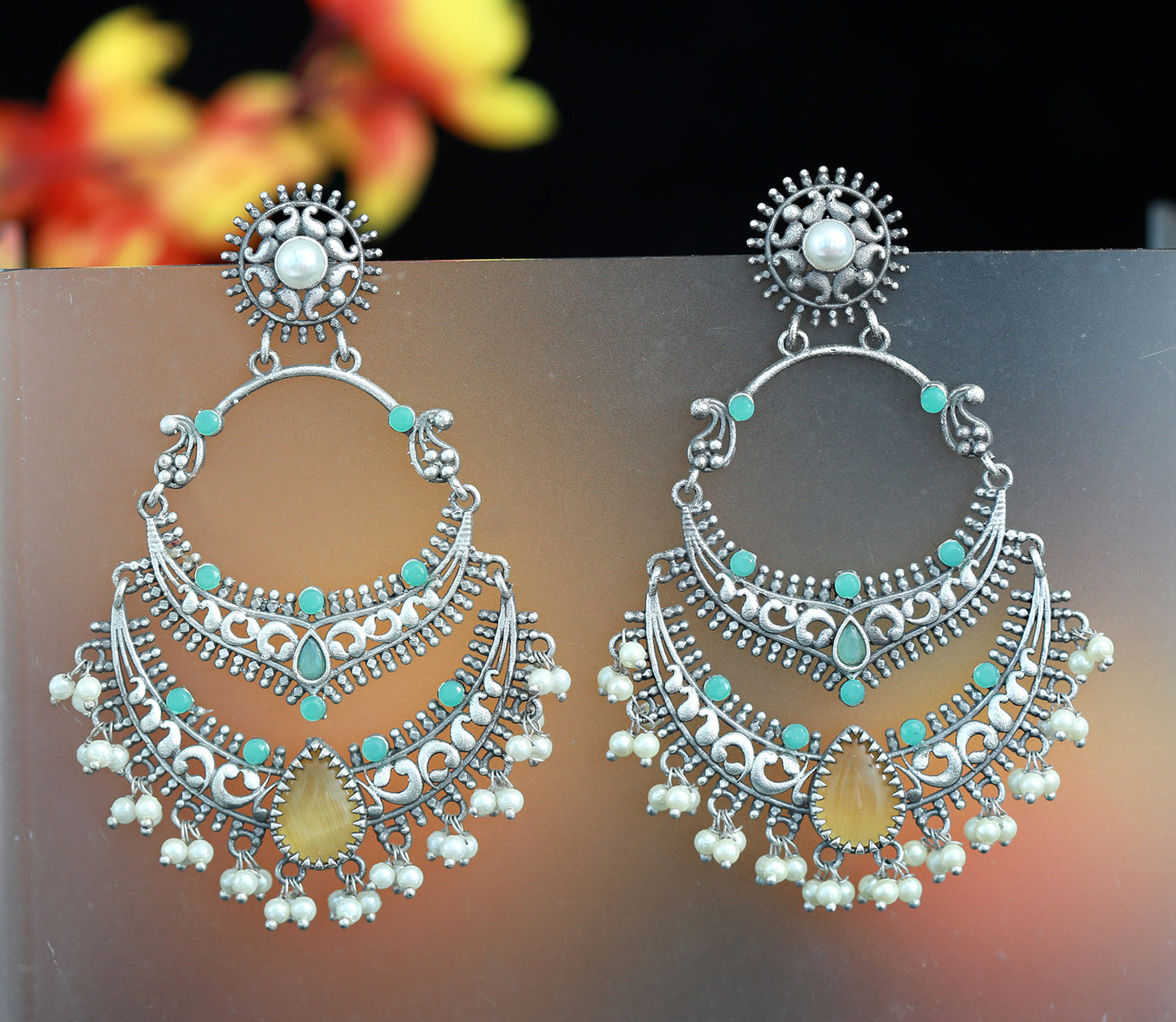 German Silver Chandbali Earrings | Light Weight Oxidized silver Chandbali Earrings | chandbali earrings with pearl drop