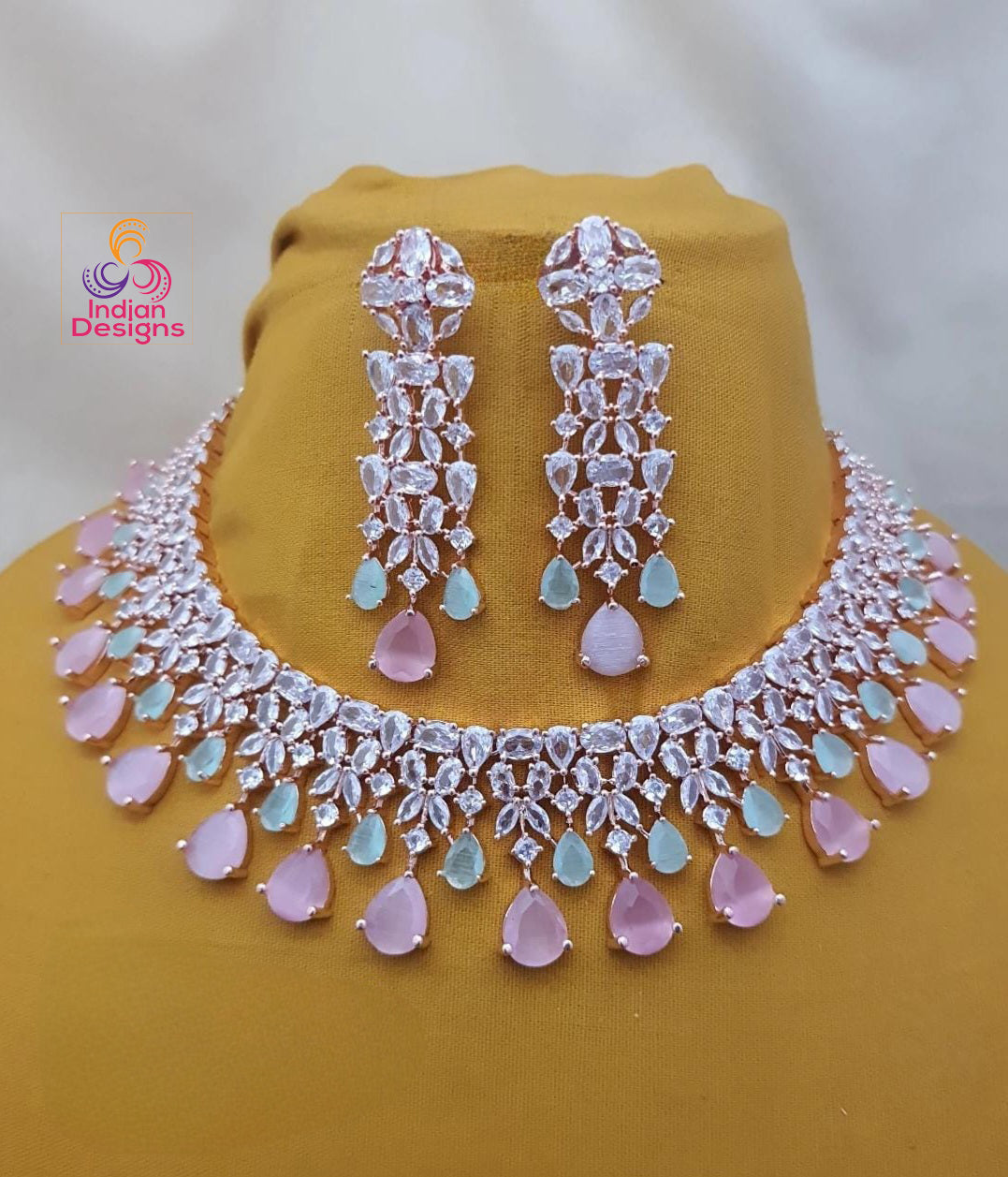 Rose gold Blue Sapphire American diamond necklace|High Quality Cz Diamonds Mint Green stone Necklace Earrings Set|Indian WeddingJewelry| Gift for her