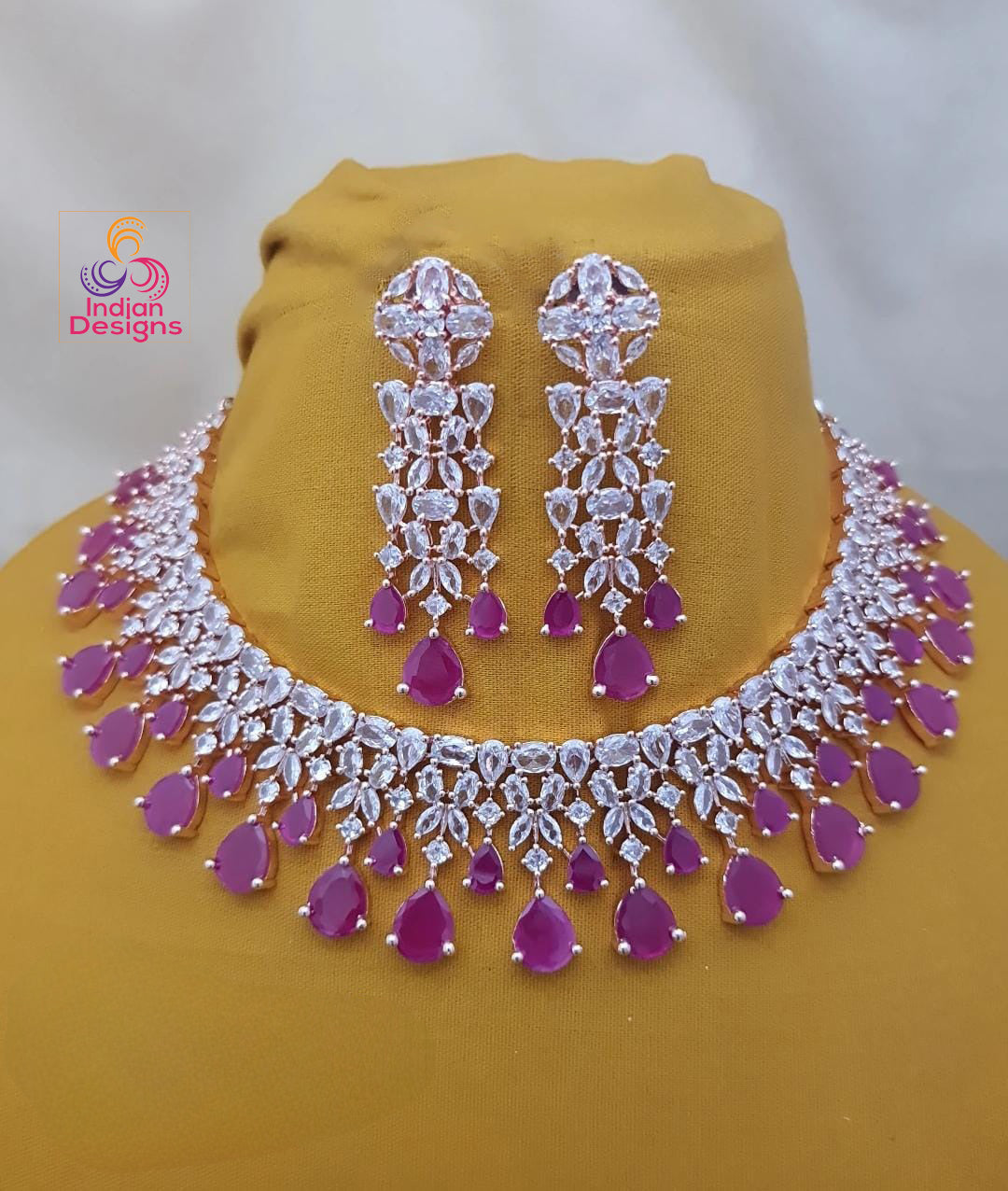 Rose gold Blue Sapphire American diamond necklace|High Quality Cz Diamonds Mint Green stone Necklace Earrings Set|Indian WeddingJewelry| Gift for her