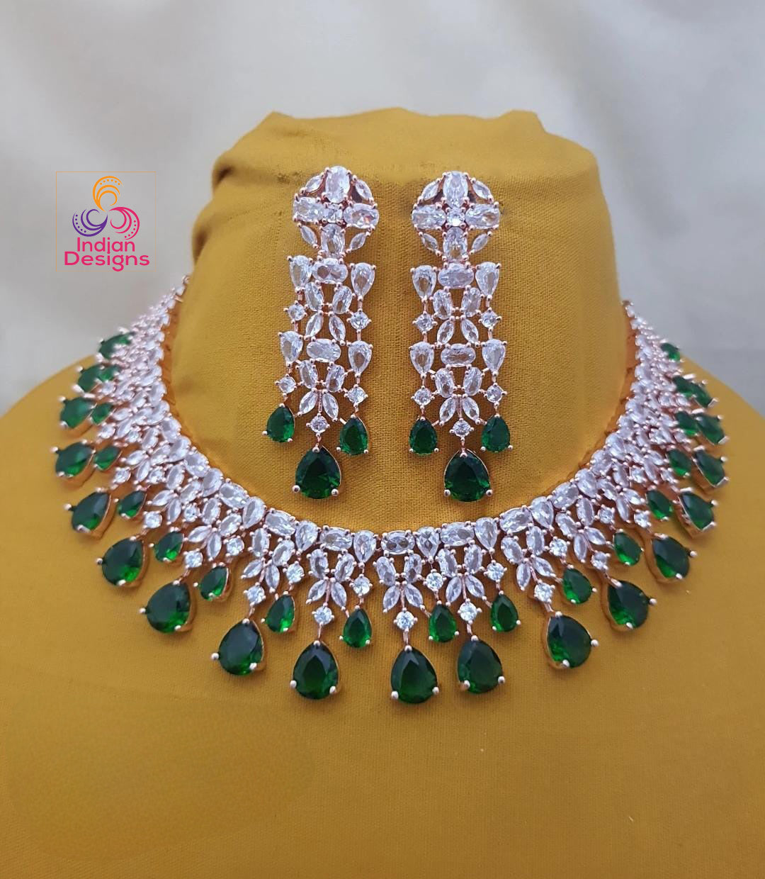 Rose gold Emerald Green American Diamond necklace|High Quality Cz Diamonds Mint Green stone Necklace Earrings Set|Indian WeddingJewelry| Gift for her