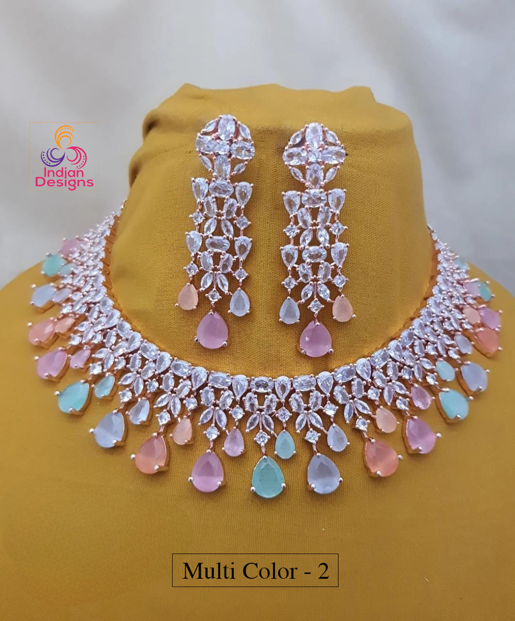 Rose gold Blue Sapphire American diamond necklace|High Quality Cz Diamonds Mint Green stone Necklace Earrings Set|Indian WeddingJewelry| Gift for her