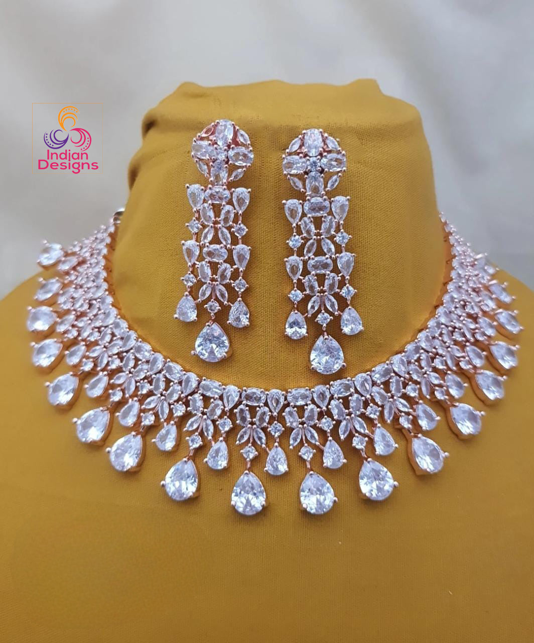 Rose gold Emerald Green American Diamond necklace|High Quality Cz Diamonds Mint Green stone Necklace Earrings Set|Indian WeddingJewelry| Gift for her