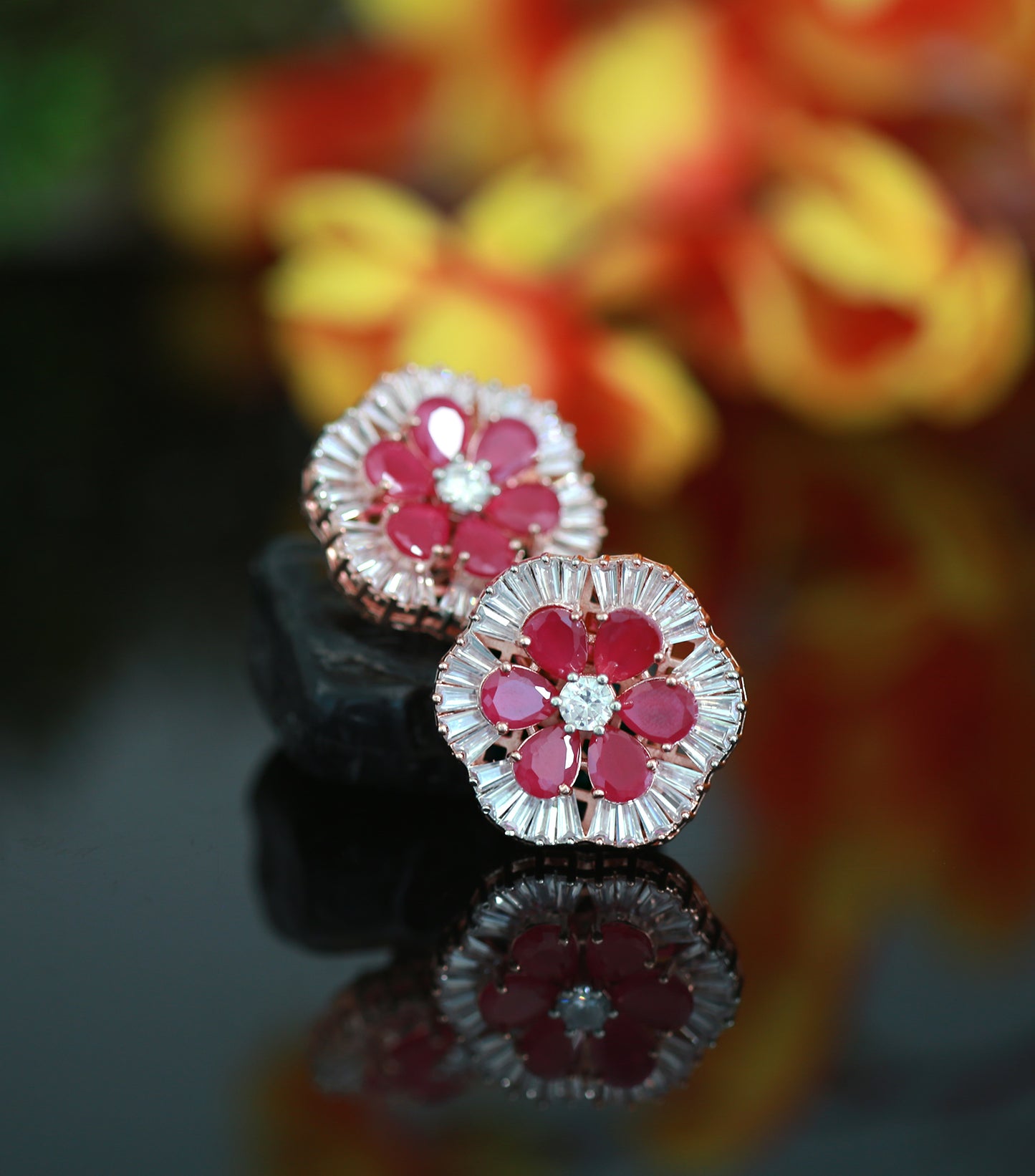 Rose Gold flower stud Crystal earrings | Big Ad stud CZ stones earrings | Plated American Diamond stud Earrings | Bollywood style CZ Studs