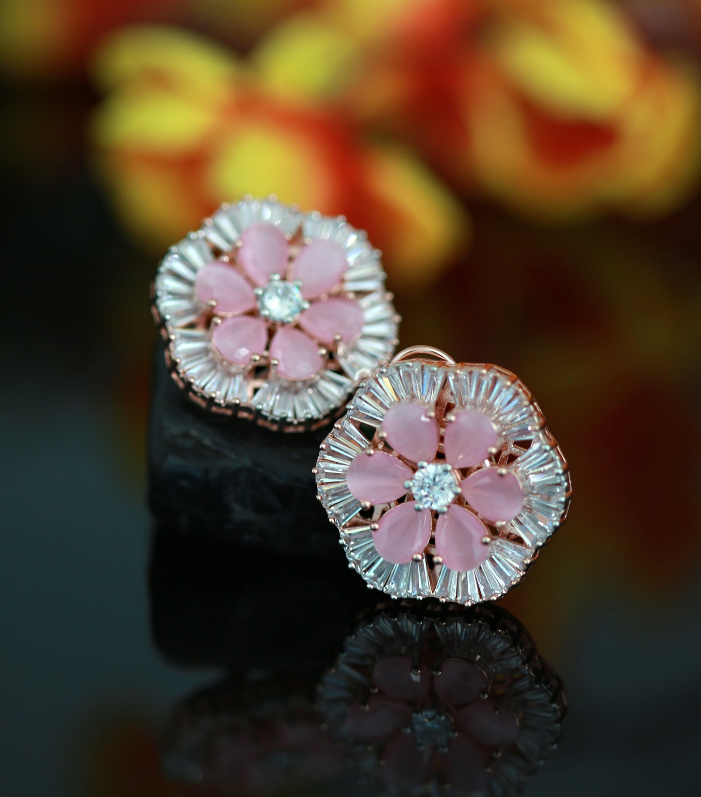 Rose Gold flower stud Crystal earrings | Big Ad stud CZ stones earrings | Plated American Diamond stud Earrings | Bollywood style CZ Studs