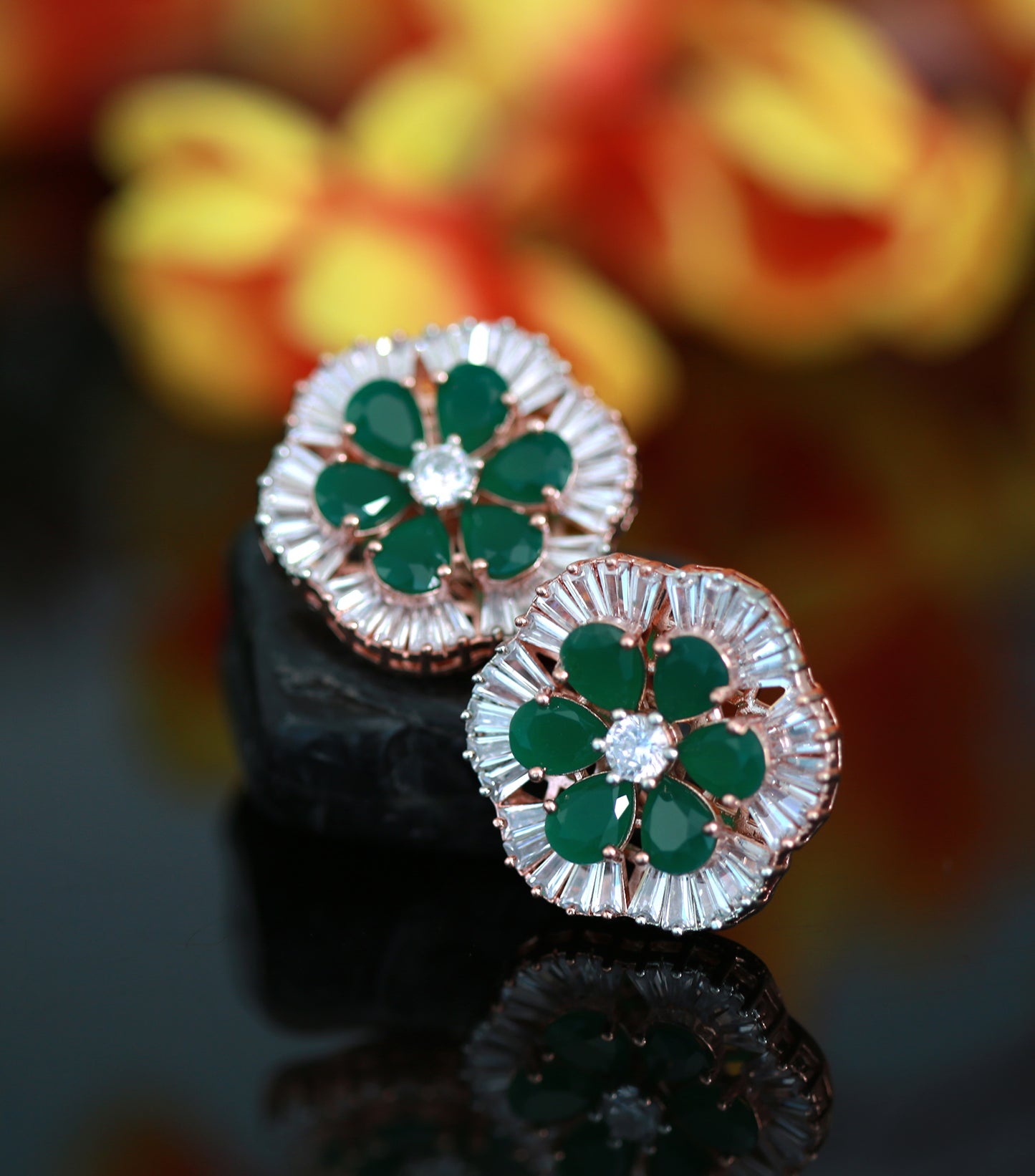 Rose Gold flower stud Crystal earrings | Big Ad stud CZ stones earrings | Plated American Diamond stud Earrings | Bollywood style CZ Studs