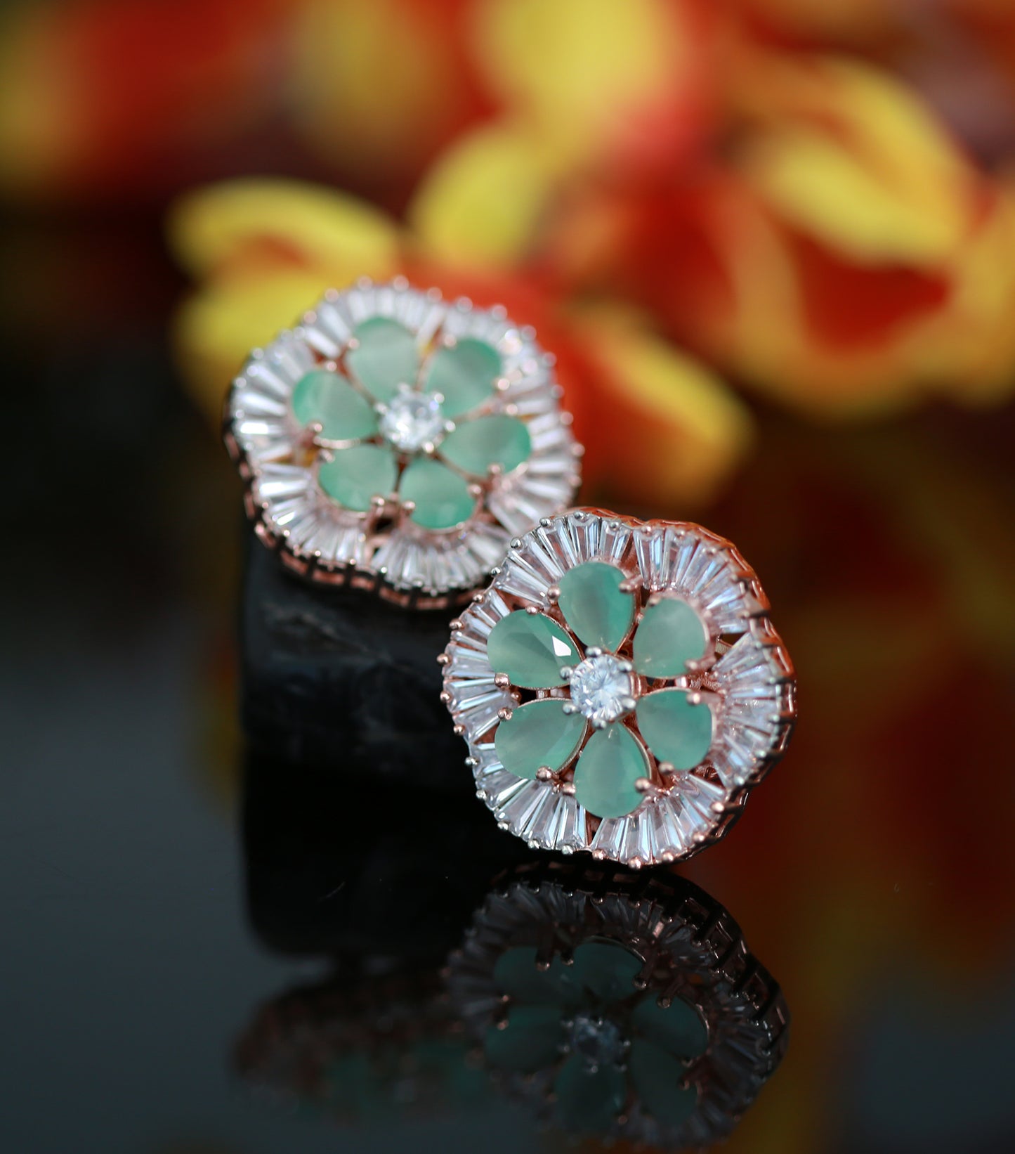 Rose Gold flower stud Crystal earrings | Big Ad stud CZ stones earrings | Plated American Diamond stud Earrings | Bollywood style CZ Studs