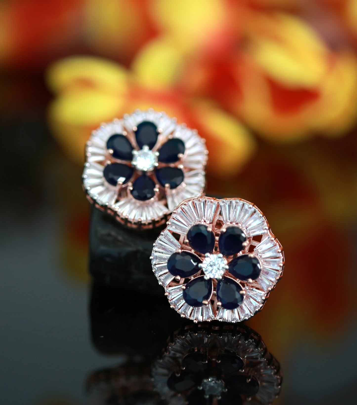 Rose Gold flower stud Crystal earrings | Big Ad stud CZ stones earrings | Plated American Diamond stud Earrings | Bollywood style CZ Studs