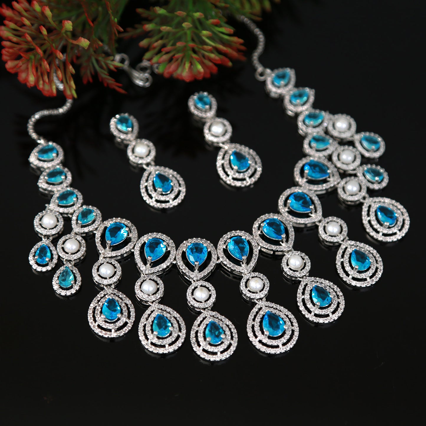 American Diamond Silver necklace with Tear-Drop CZ Blue stone| Indian wedding Jewelry|Pakistani jewelry| Bollywood style Bridal Necklace