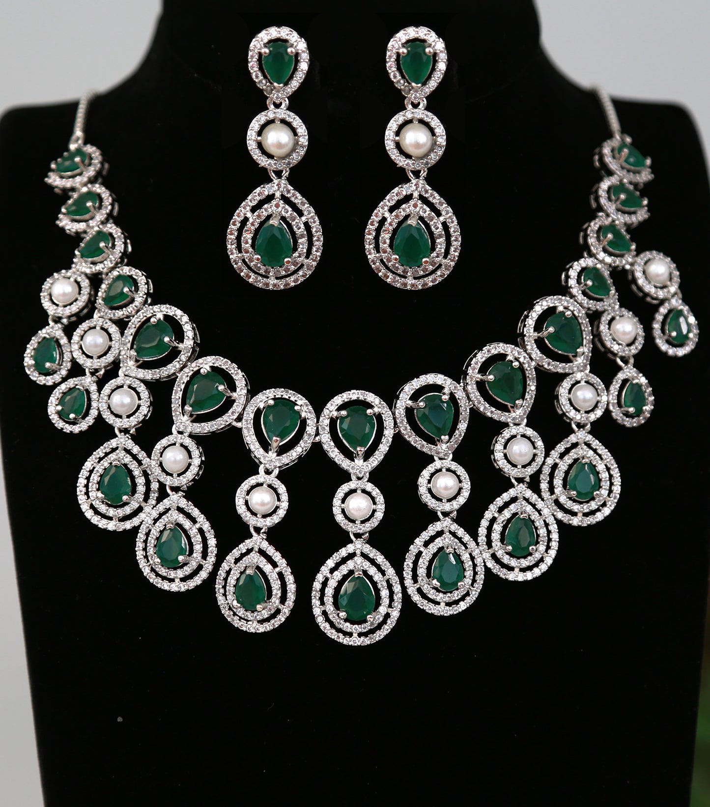 American Diamond Silver necklace with Tear-Drop CZ Blue stone| Indian wedding Jewelry|Pakistani jewelry| Bollywood style Bridal Necklace