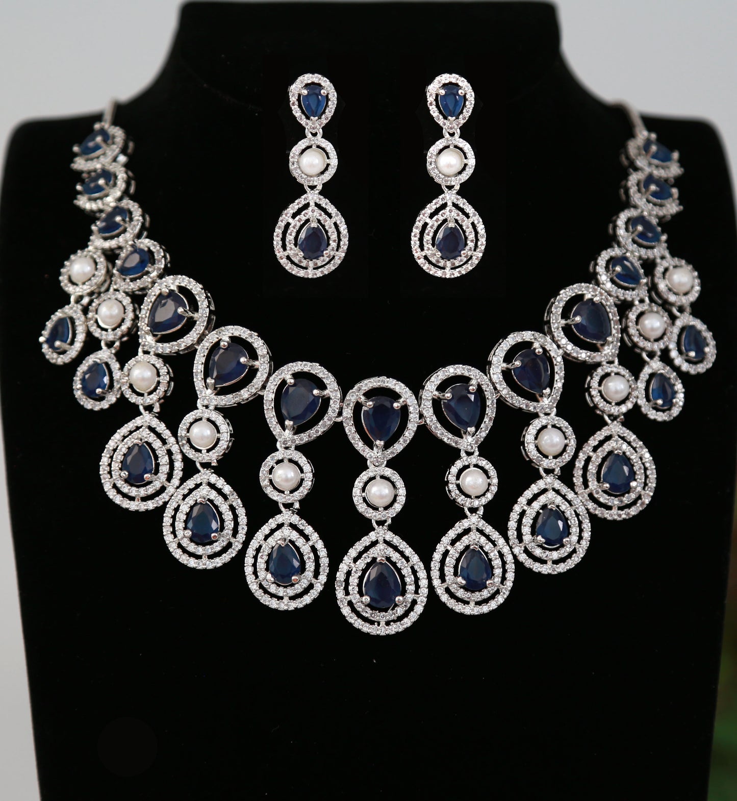 American Diamond Silver necklace with Tear-Drop CZ Blue stone| Indian wedding Jewelry|Pakistani jewelry| Bollywood style Bridal Necklace