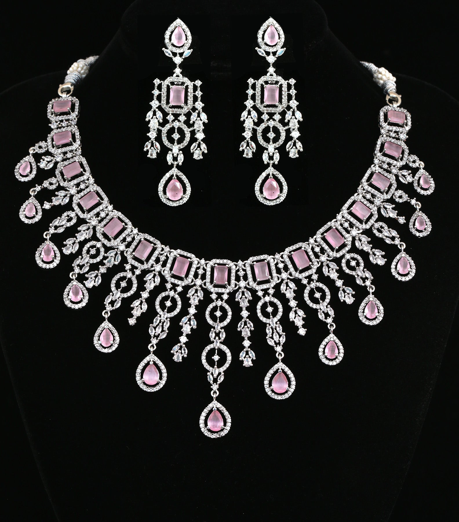 CZ Diamonds Necklace Earrings Set Pink Bridal Necklace -   Pink jewelry  set, Pink diamond necklaces, Indian jewellery design earrings