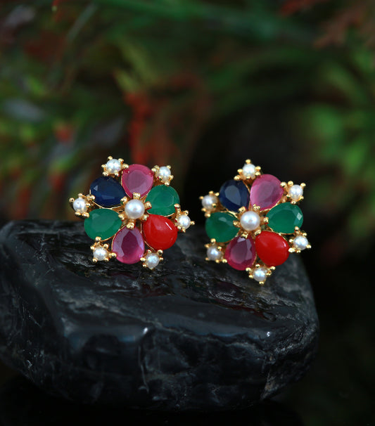 Multi color Cz stones Pearl studs, Gold floral mini stud earrings, Gift for her