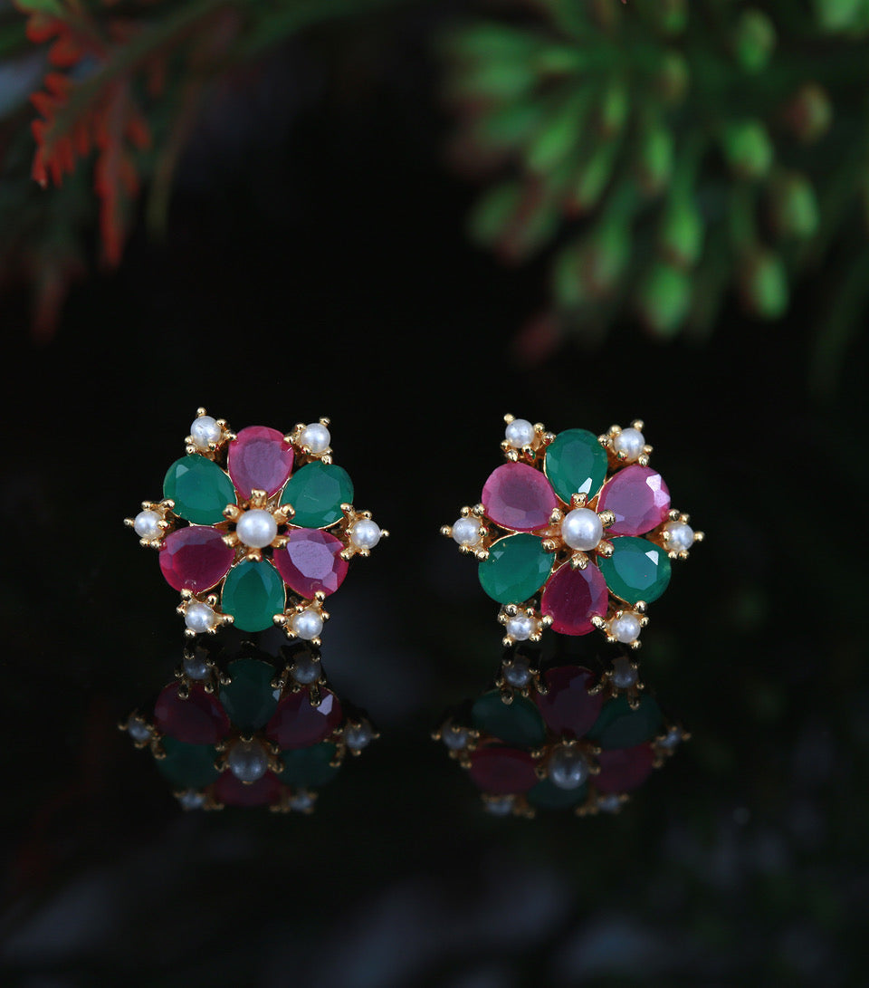 Gold Plated Ruby Emeral floral pearl studs, Earring tops