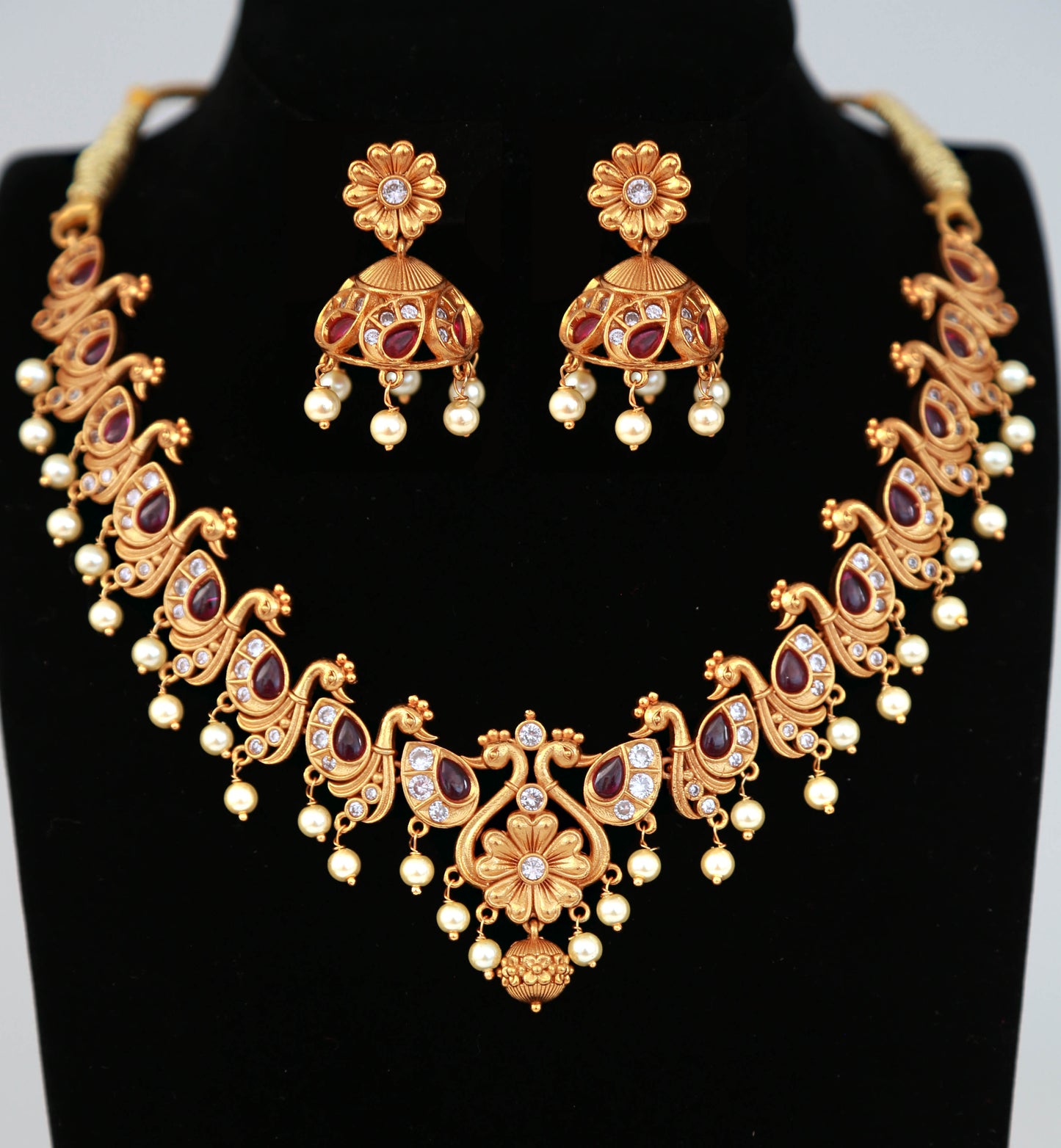 Antique Gold Guttapusalu Swan Design kemp stone Necklace and Jhumka Earrings | Matte Gold finish South Indian temple jewelry | Simple choker