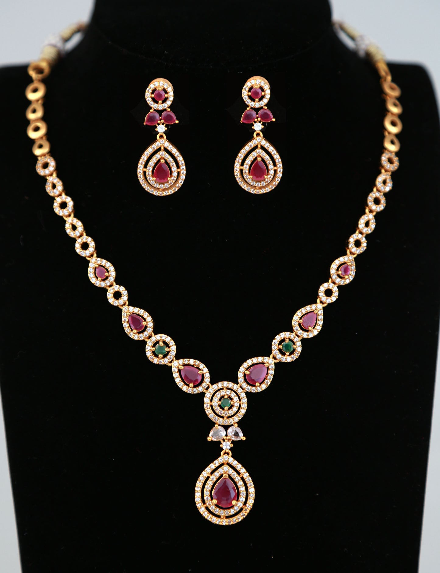 Antique Ruby American diamond South Indian Style necklace Earring set | Indian Designs Jewelry |Matte finish Indian Wedding Jewelry