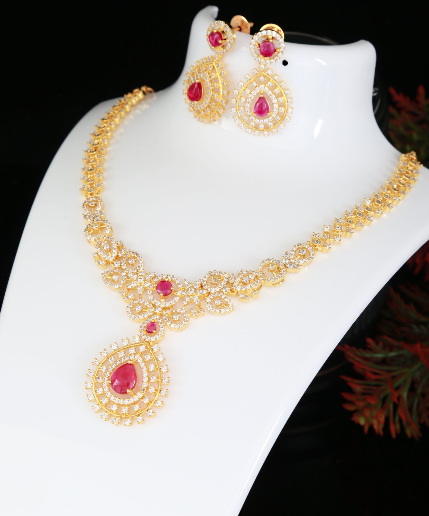 Luxury Pear shaped Ruby stone American Diamond Gold plated necklace earring set, Indian style wedding jewelry, CZ Ruby Diamond necklace, Gift for Her