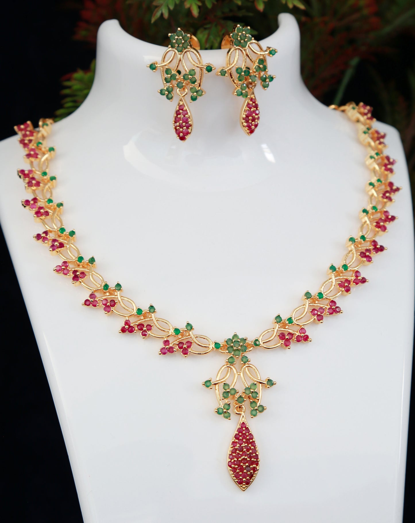 22K Gold plated American diamond Floral necklace, South Indian Style Beautiful Jewelry set