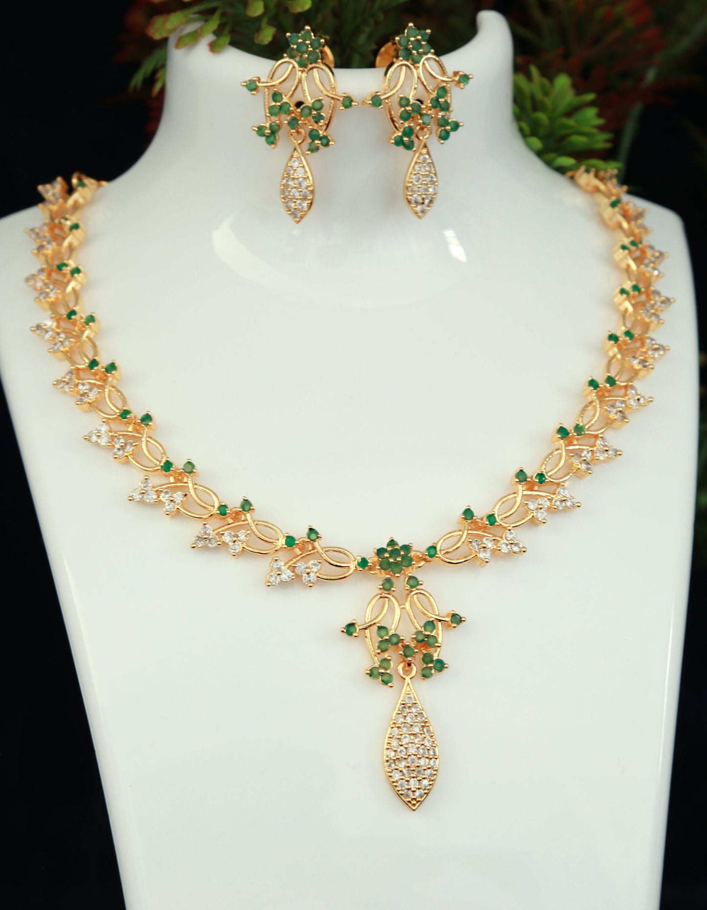 22K Gold plated American diamond Floral necklace, South Indian Style Beautiful Jewelry set