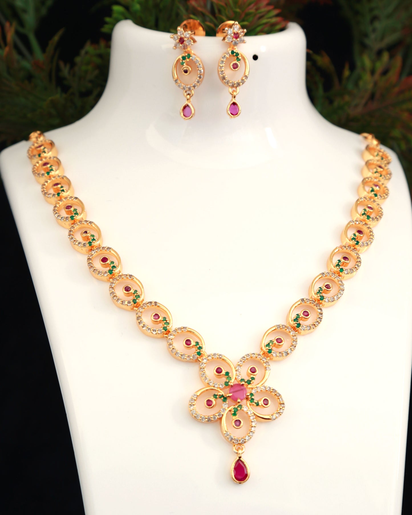 Gold Plated American Diamond Emerald crystal Necklace Earrings, South Indian style Jewelry set