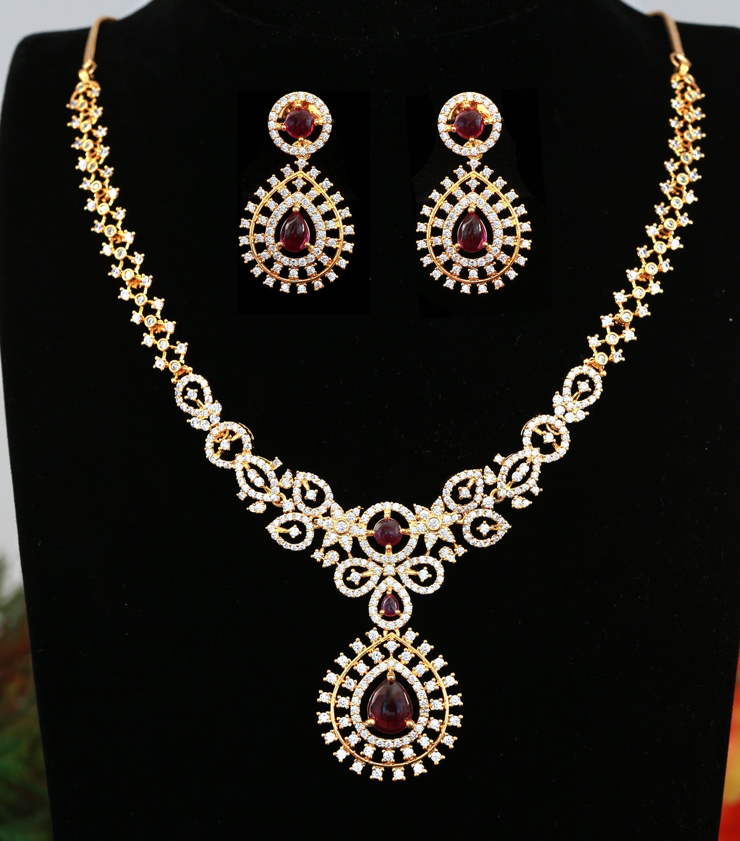 Luxury Pear shaped Ruby stone American Diamond Gold plated necklace earring set, Indian style wedding jewelry, CZ Ruby Diamond necklace, Gift for Her