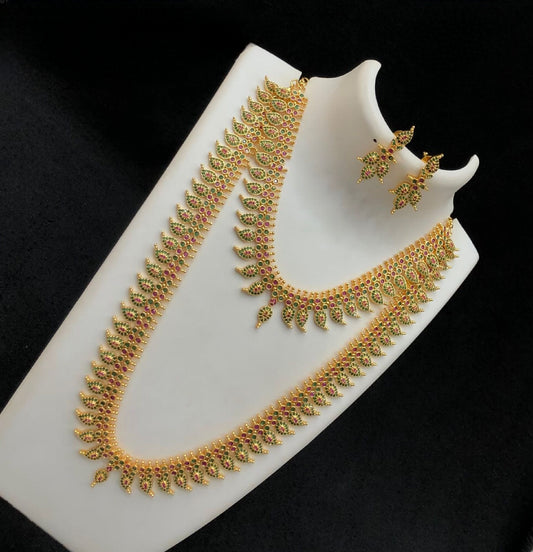 American Diamond Mango mala Long-short combo Necklace Earrings set with Ruby Emerald & white stones, 22K gold plated AD long Haram Necklace