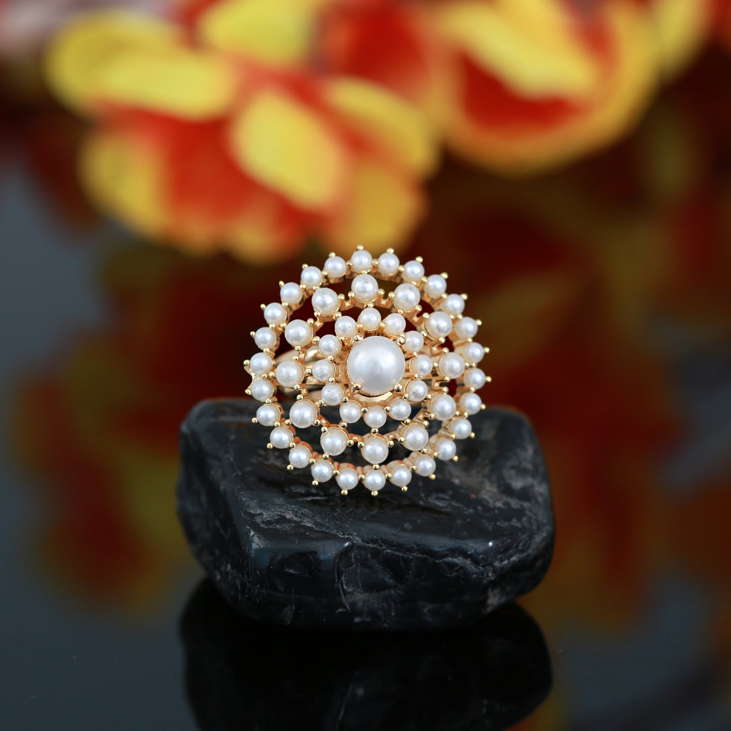 Gold Polish cocktail Pearl ring with CZ American Diamonds, RubyEmerald Floral design Wedding party ring for Women, CZ Diamond Statement Ring