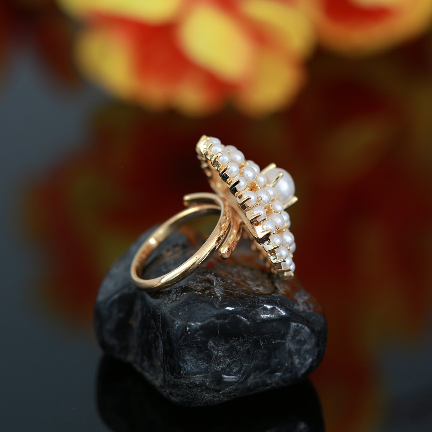 Gold Polish cocktail Pearl ring with CZ American Diamonds, RubyEmerald Floral design Wedding party ring for Women, CZ Diamond Statement Ring