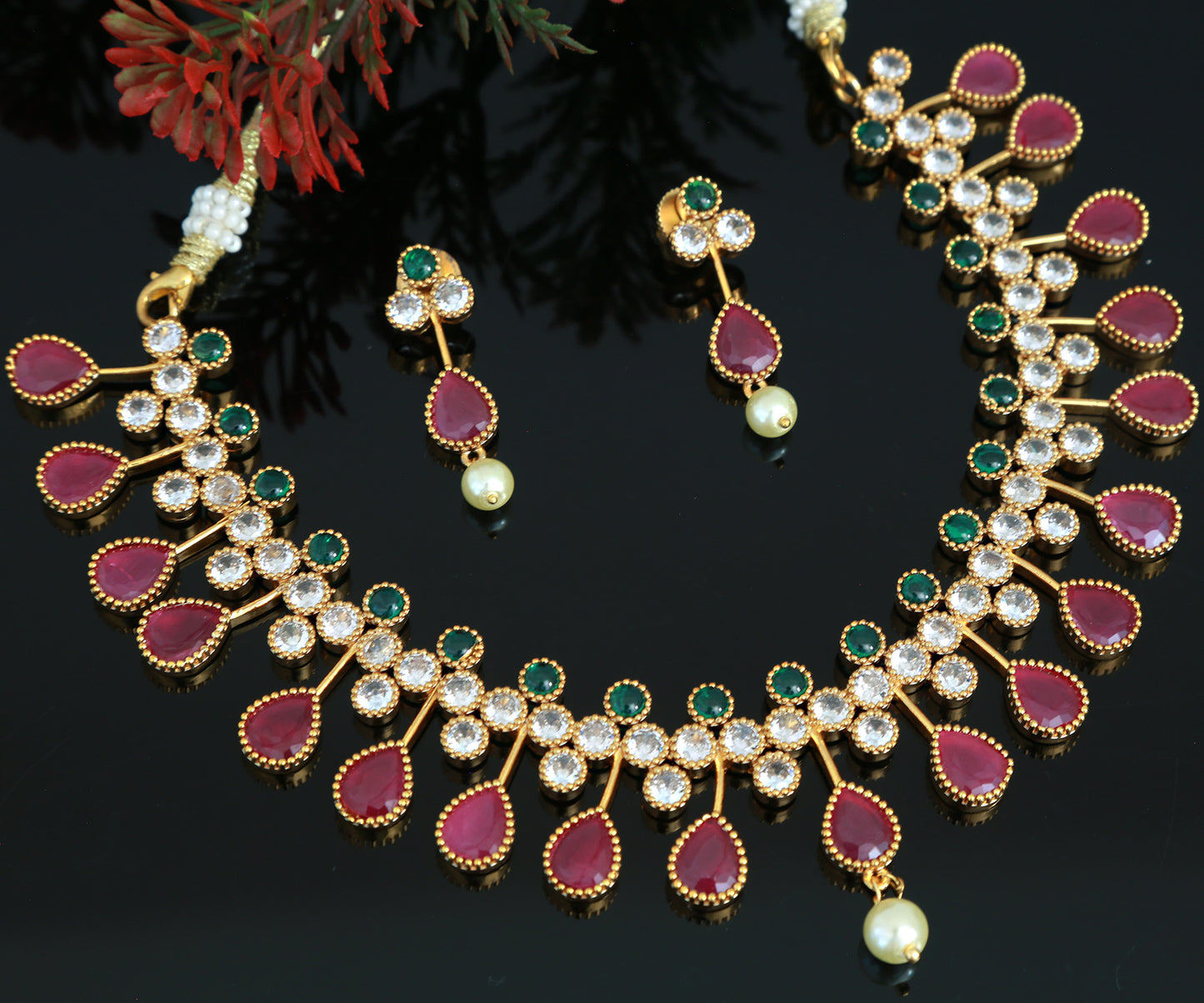 Gold Plated American Diamond Ruby Emerald Necklace | Indian Wedding Jewelry | CZ diamond necklace | Gift for her