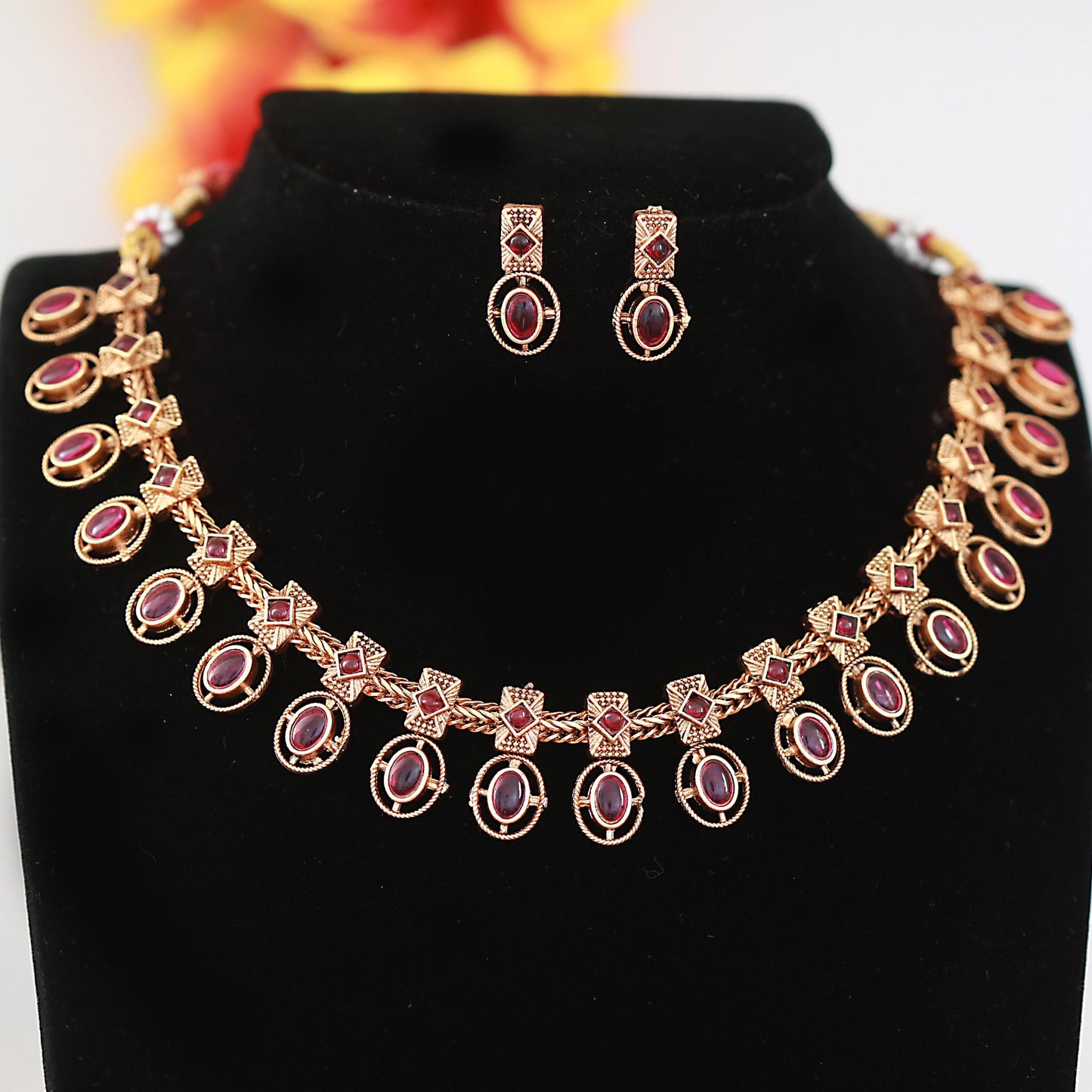 Matte Finish Traditional Necklace Set| Ruby Emerald Stone Jewelry| South Indian Jewelry | Antique Temple Style Bridal Jewelry| Gift for her