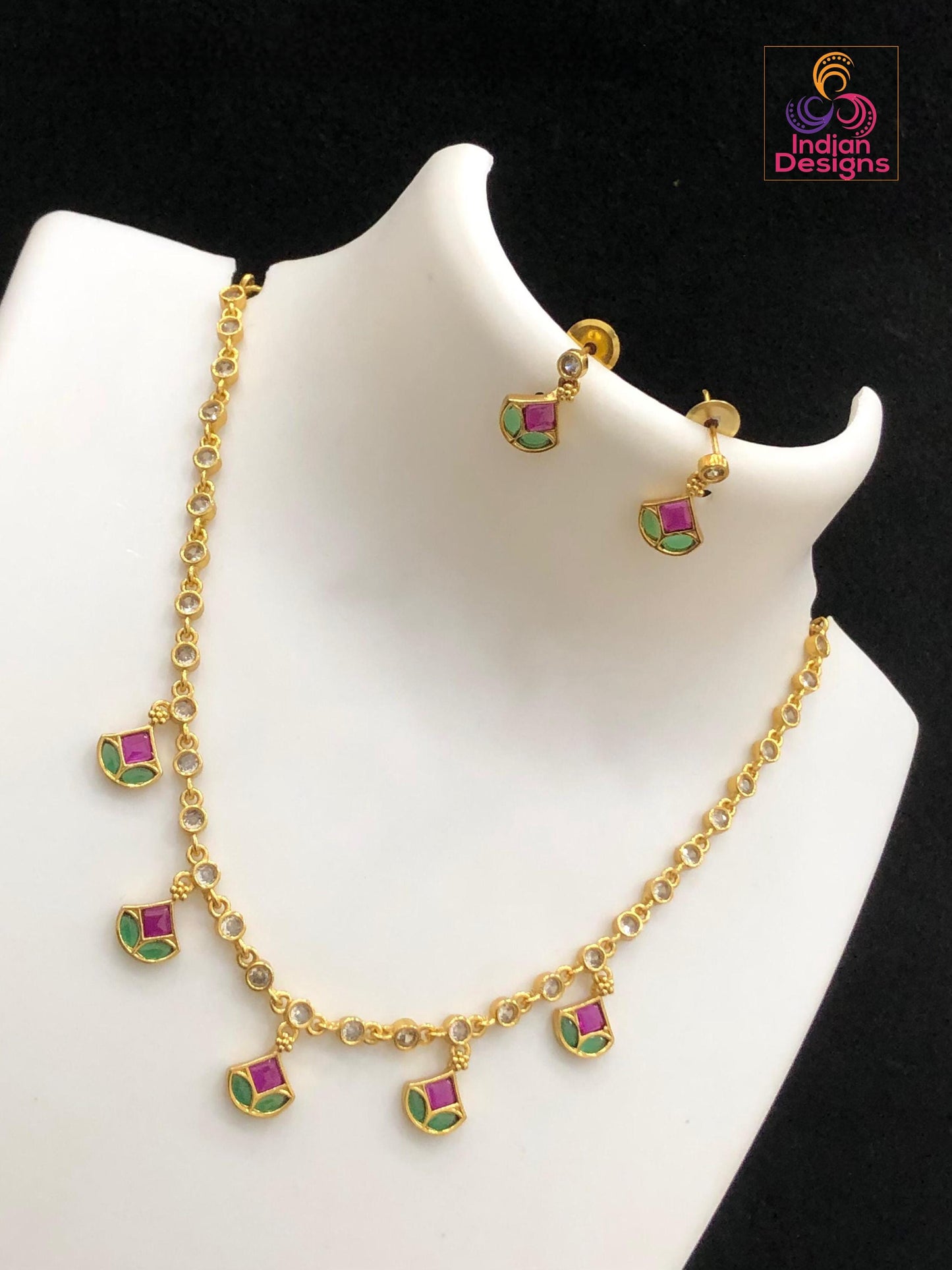 Gold Plated Minimalist CZ necklace set with earrings| Simple Stylish Necklace And Earrings| Ruby and green Indian jewelry|South Indian style
