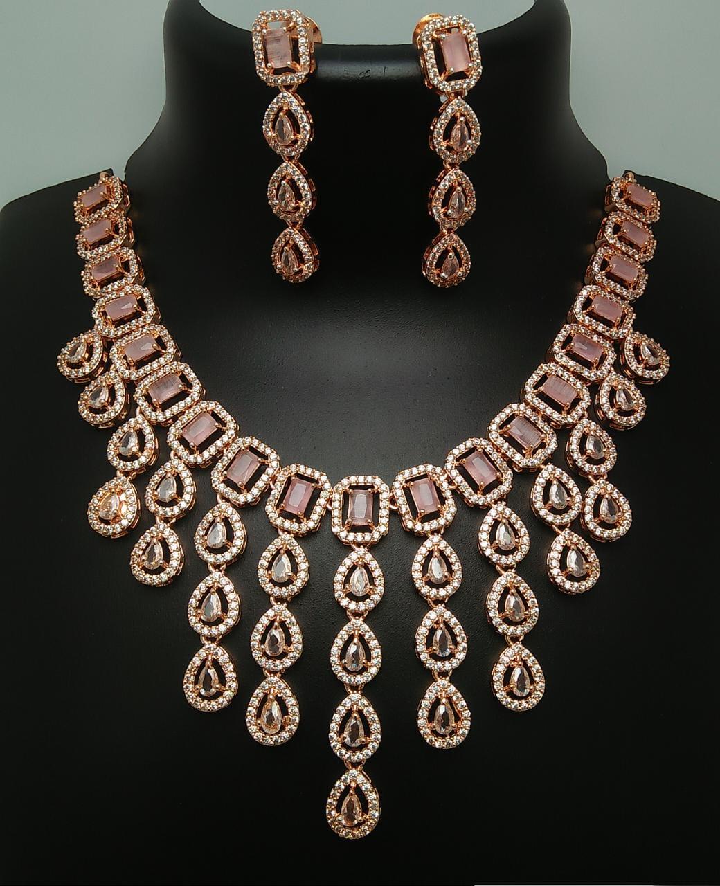 Rose Gold American Diamond multi strand Purple necklace and Earrings