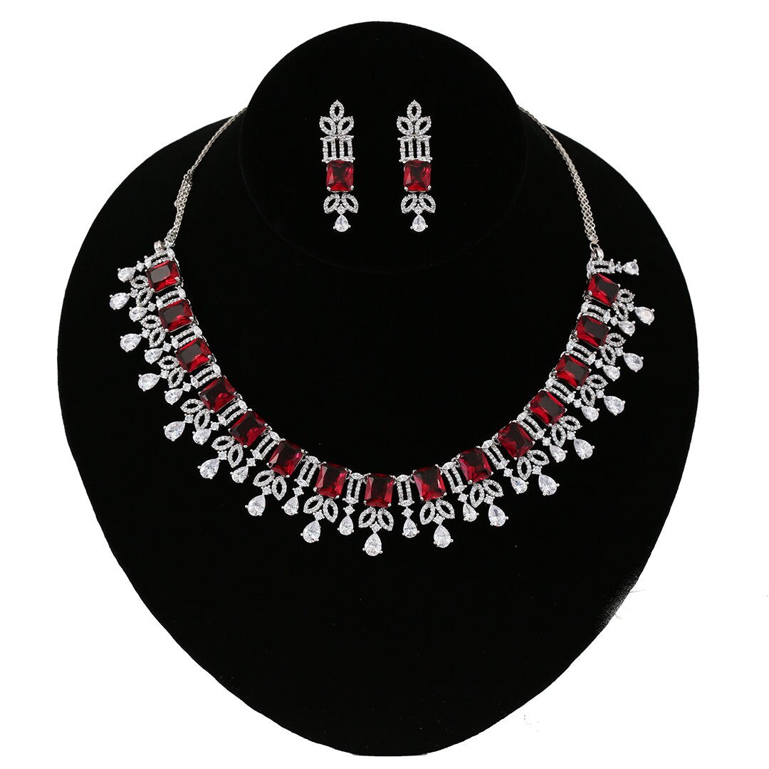 Emerald Cut AD American Diamonds Rhodium Plated Bridal Wedding Accessories|High Quality Fashion Jewelry