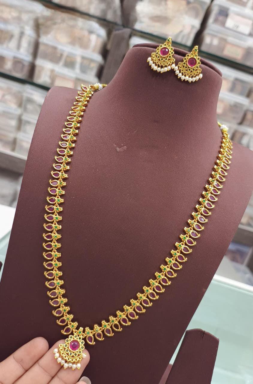 Indian Ruby Emerald Necklace Set| Gold Plated Mango Motif AD Stone & Pearl Drop Traditional Wedding Jewelry| South Indian Style|Gift for her