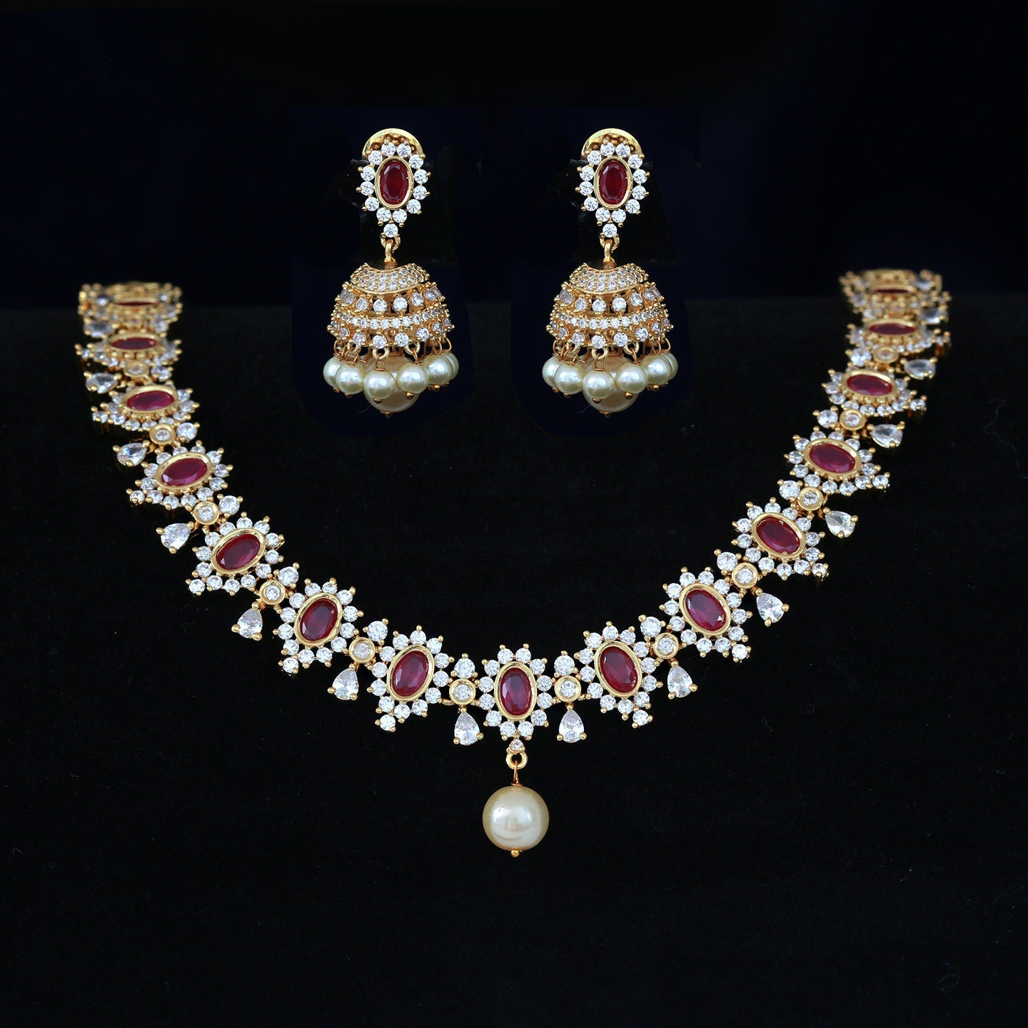 Green CZ Stone Necklace Set with Jhumka Earrings| American Diamond Pearl Drop jhumka choker set| South Indian Jewelry| Gift for her