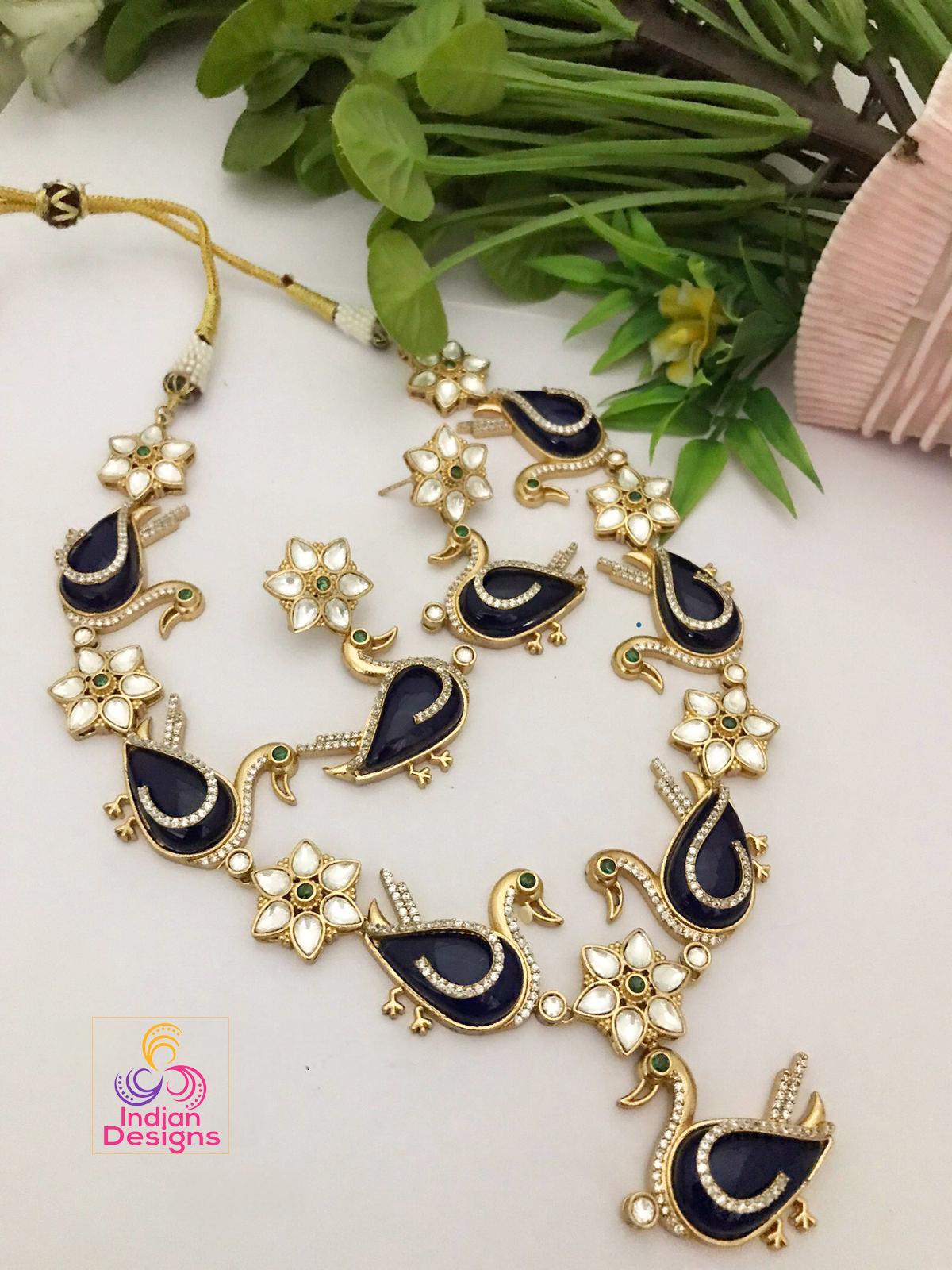 American Diamond Peacock Kundan necklace & Earrings| AD stone gold Floral kundan Indian Wedding Jewelry set| Statement Necklace|Gift for her