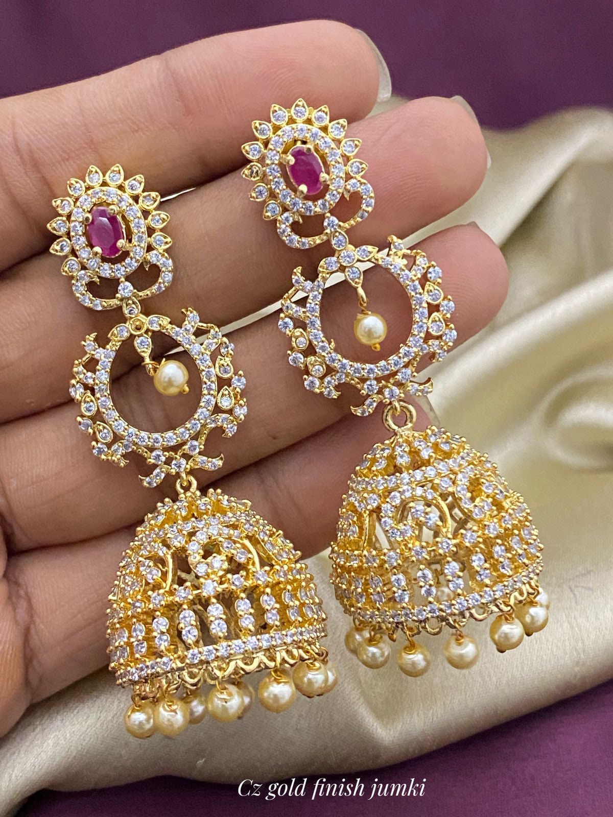 Gold Jhumka with Pearl drops | American Diamond Bridal Jhumki Earrings | Party wear Gold Plated long Jhumka design | Indian Wedding Jhumkas