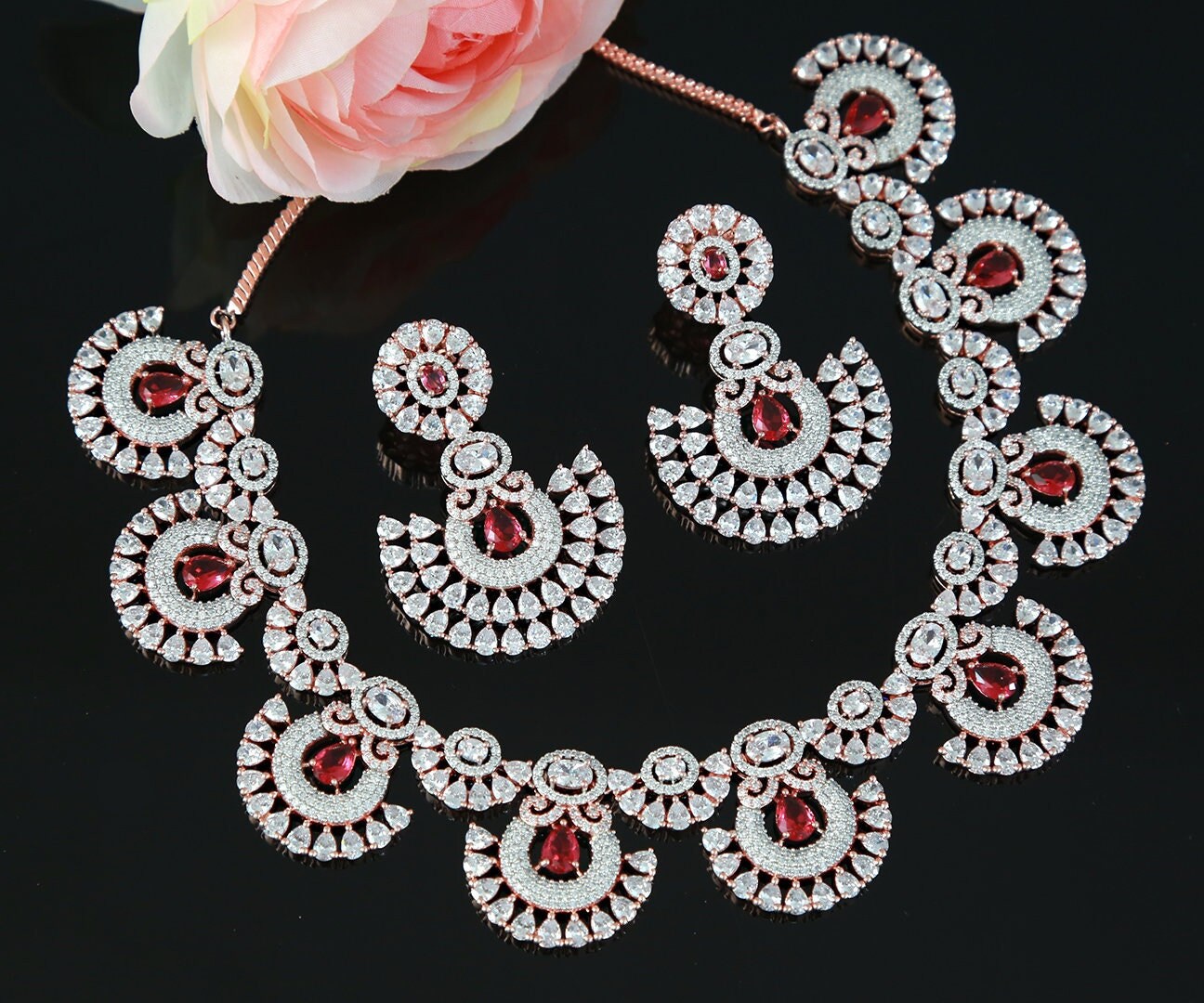 Rose Gold American diamond necklace set | Indian wedding jewelry for bride | Mint green statement necklace | Golden diamond circle necklace