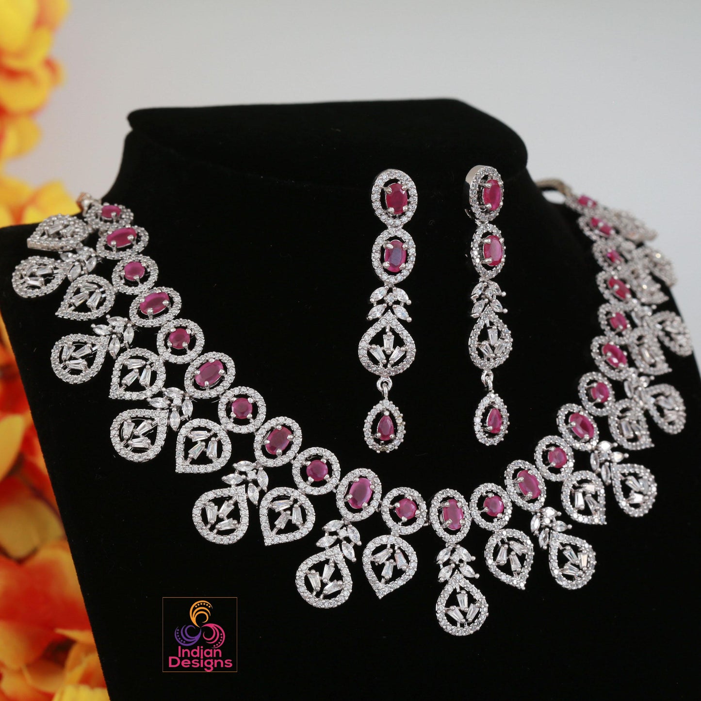 Ruby CZ Stone Silver Necklace Set with Long Earrings| AD Bridal Choker Set| Indian Wedding Jewelry| Party Wear Necklace Set| Gift for her