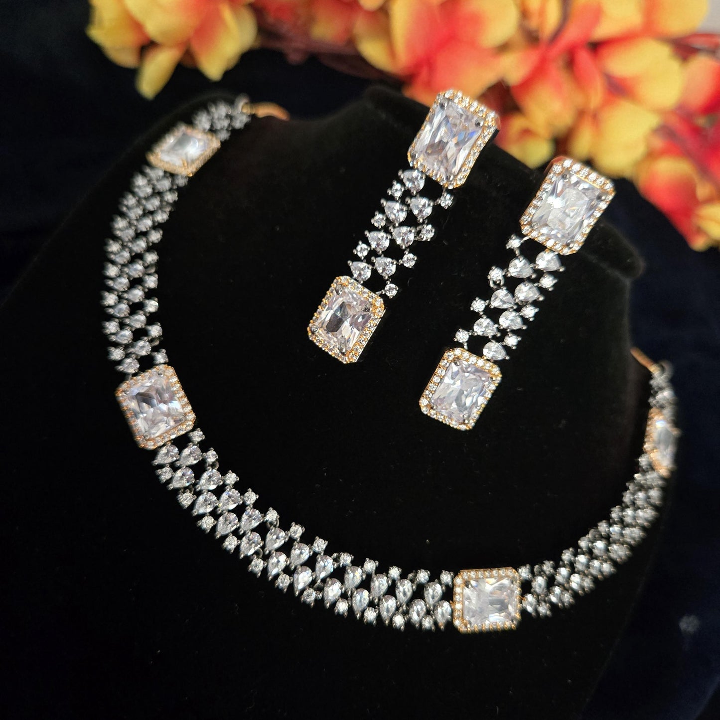American Diamond Oxidized Tone Necklace Set with Earrings| Emerald-Cut CZ Stations| Rhodium/Gold Two-Tone| Clear or Champagne Bridal Jewelry