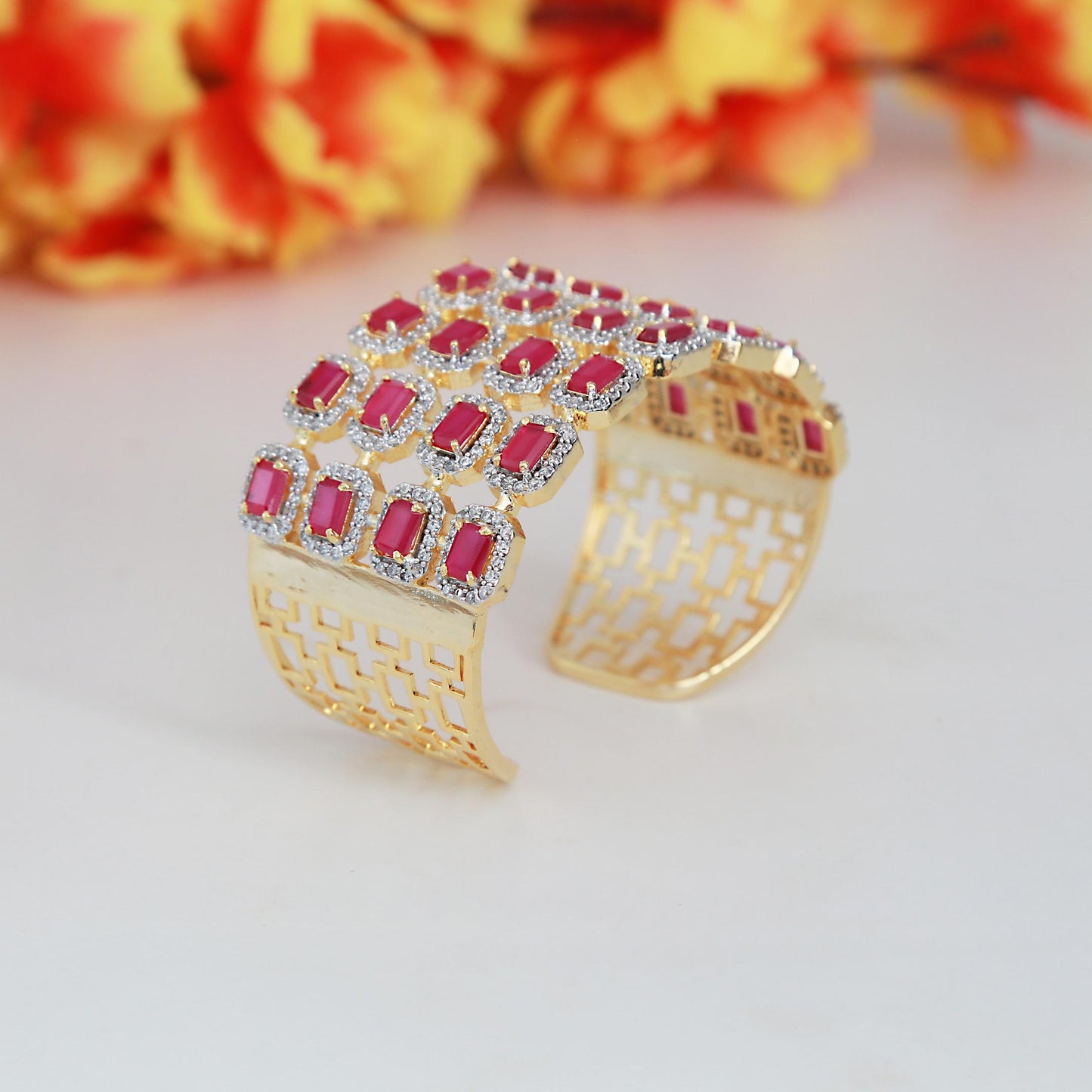 Gold-Plated Cuff Bracelet with Intricate Diamond-Cut Design| Elegant Open Bangle for Women| Statement Fashion Bangle| Luxury CZ Gold Bangle