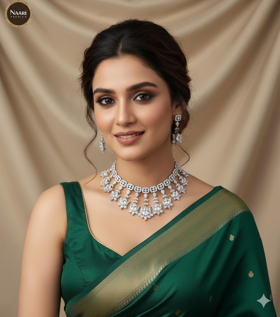 American diamond necklace set &earrings| teardrop ad stone silver necklace| green / pink / ruby / white bridal wedding jewelry| gift for her