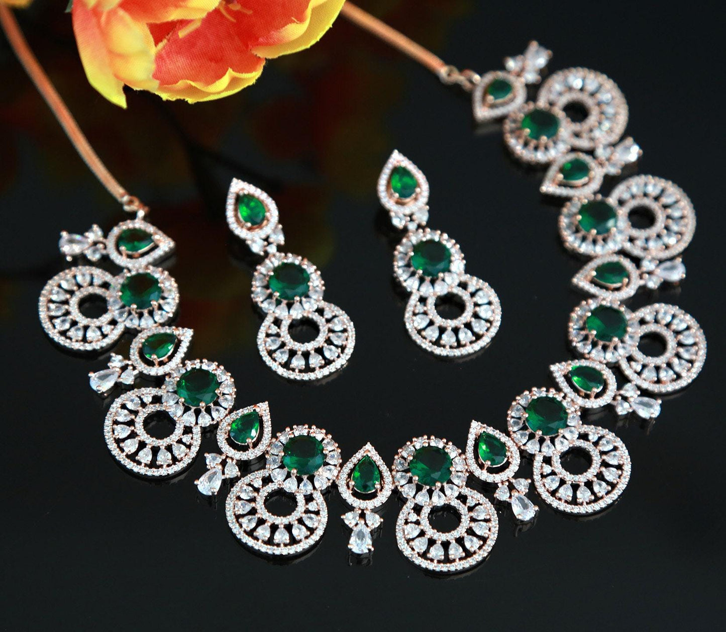 Rose gold american diamond mint green necklace | ad bridal choker earring set baby pink stones | pear shape cz stone jewelry indian designs