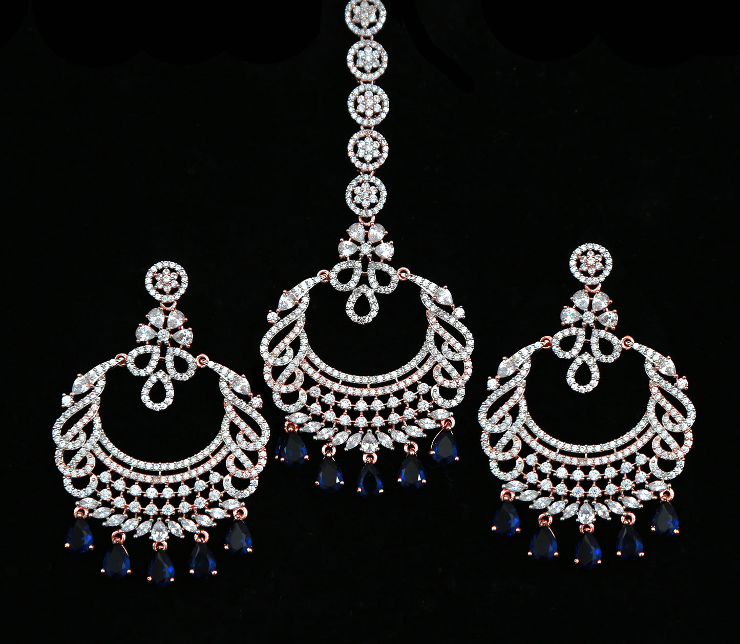 Rose Gold American Diamond Earrings Tikka set | Indian Wedding Earrings | Punjabi-Pakistani Bridal Earring Tikka set