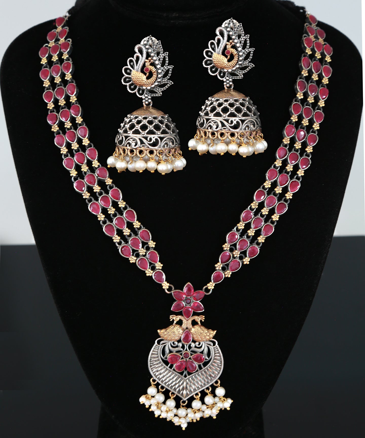 Dual tone German Silver Necklace Earring set | Antique Gold and Oxidized Silver look Color stone Necklace and Jhumka Earrings | Indian Saree jewelry